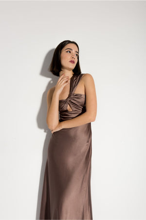 Vestido Cerimónia Assimétrico Cetim Bronze