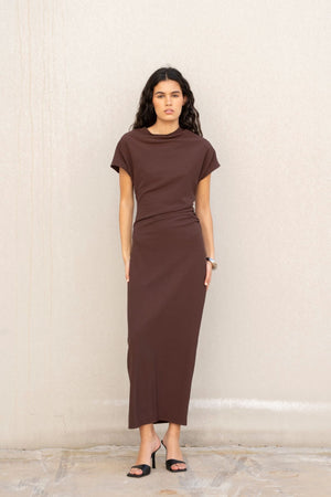 Vestido Midi Drapeado Castanho