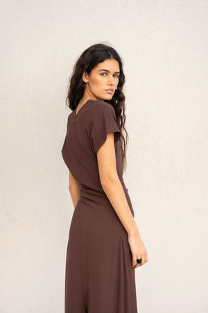 Vestido Midi Drapeado Castanho