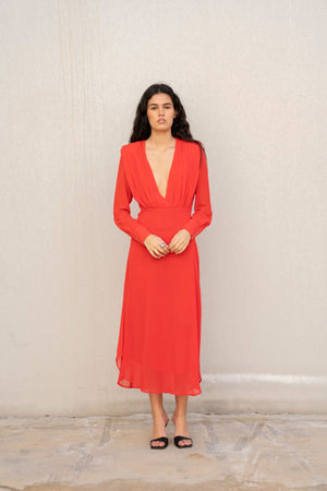 Vestido Cerimónia Midi Chiffon Vermelho