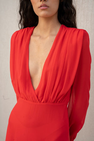 Vestido Cerimónia Midi Chiffon Vermelho