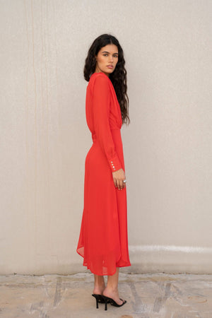 Vestido Cerimónia Midi Chiffon Vermelho