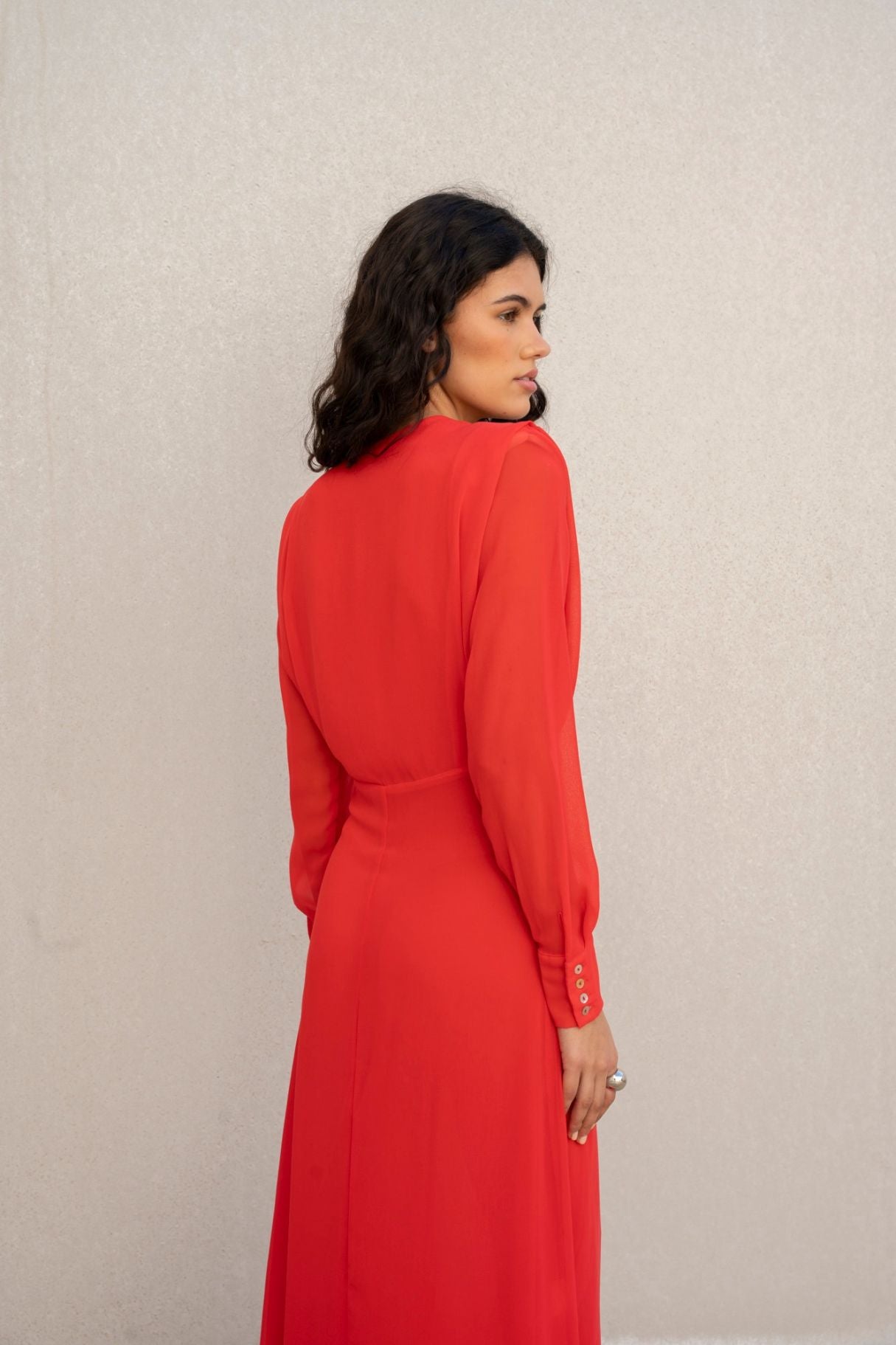 Vestido Cerimónia Midi Chiffon Vermelho