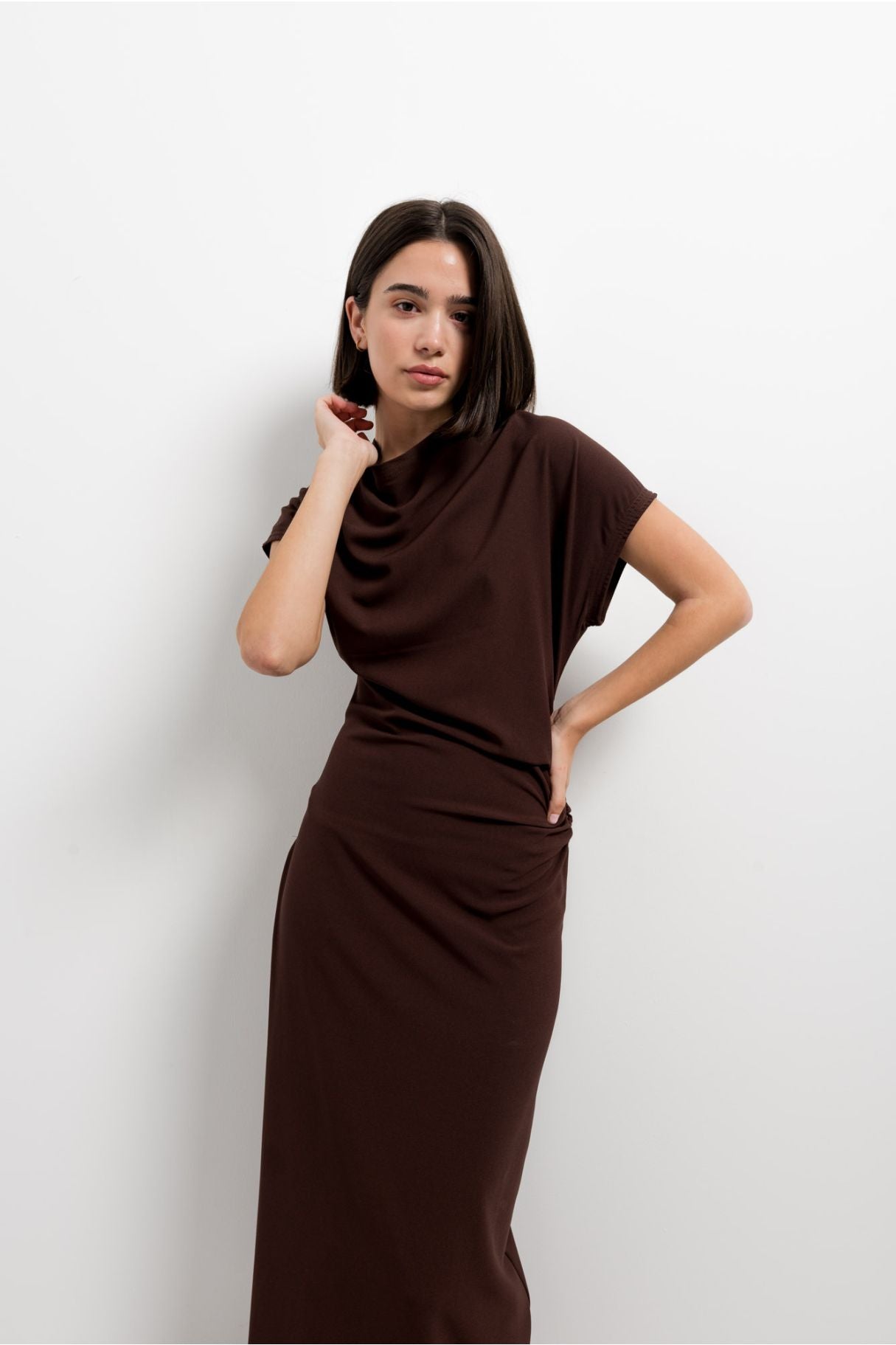 Vestido Midi Drapeado Castanho