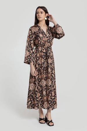 Vestido Preto Midi Estampado Cruzado