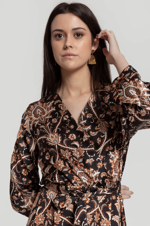 Vestido Preto Midi Estampado Cruzado