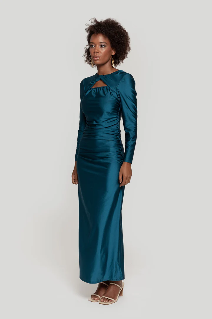 Vestido Cerimónia Acetinado Azul Petróleo