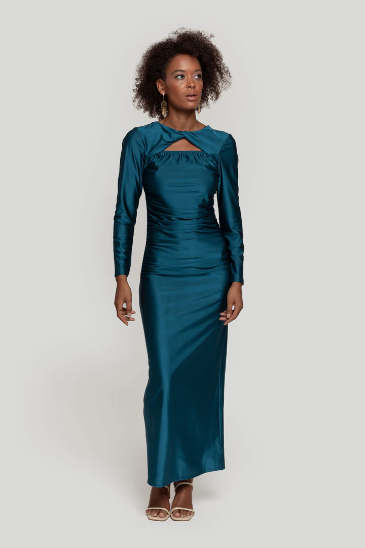Vestido Cerimónia Acetinado Azul Petróleo
