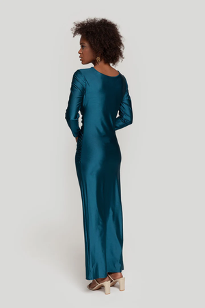 Vestido Cerimónia Acetinado Azul Petróleo