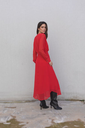 Vestido Cerimónia Midi Chiffon Vermelho