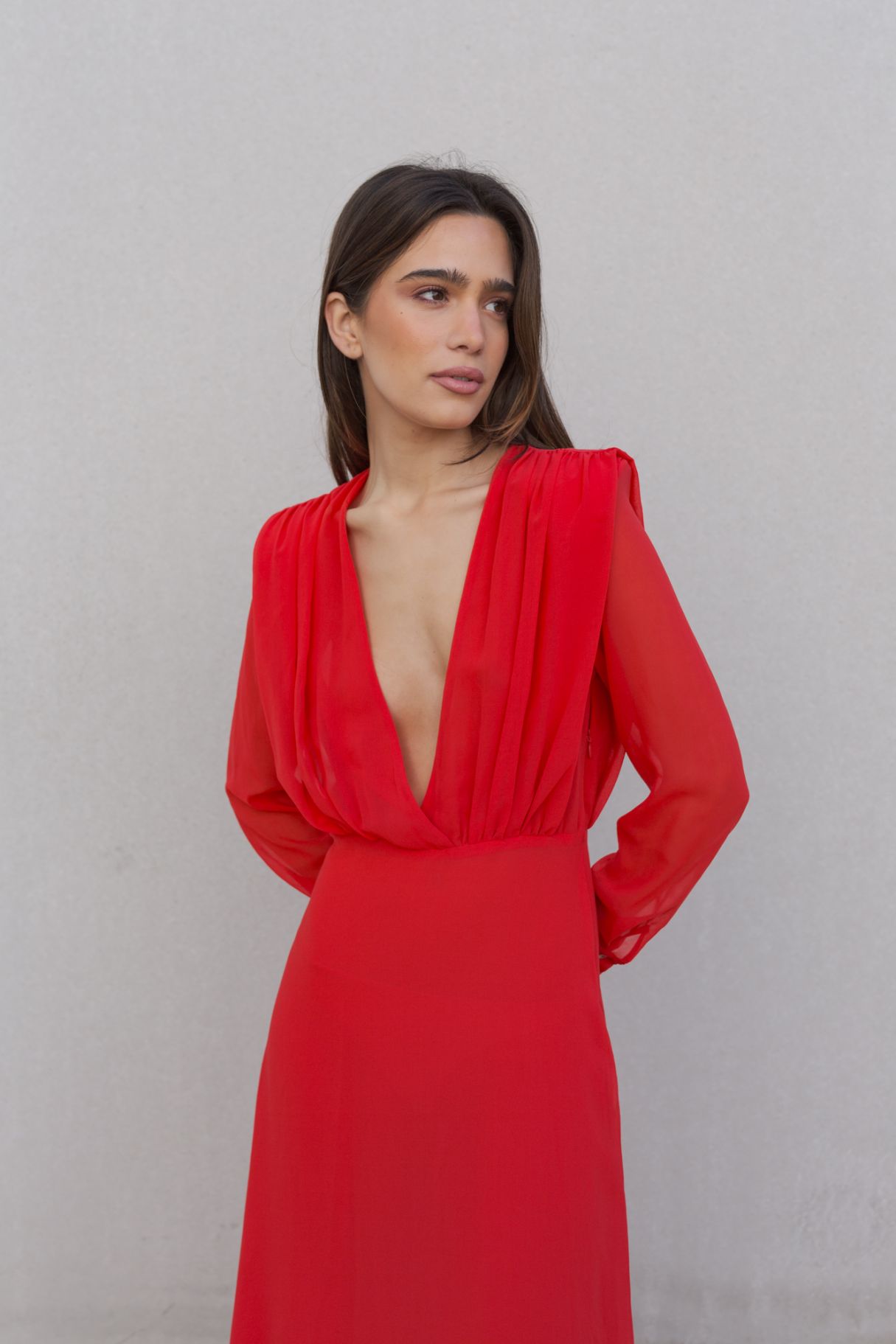 Vestido Cerimónia Midi Chiffon Vermelho