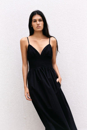 Vestido Midi Algodão Bordado Preto