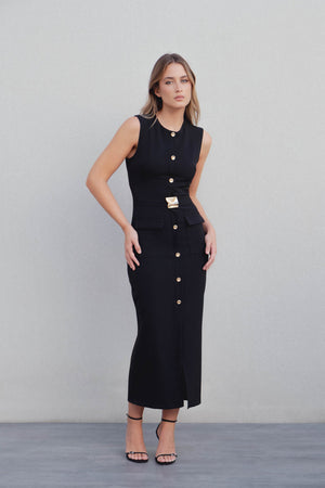Vestido Midi Elegante Botões e Fivela