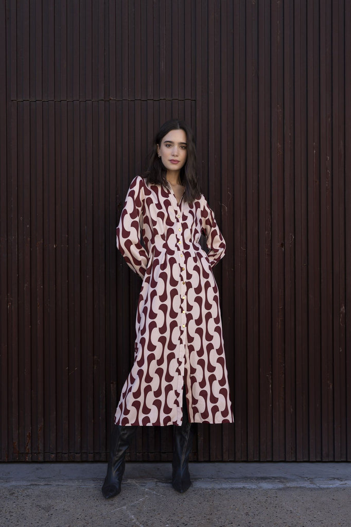 Vestido Camiseiro Estampado Bordeaux