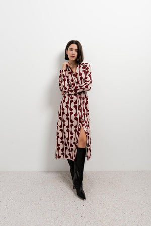 Vestido Camiseiro Estampado Bordeaux