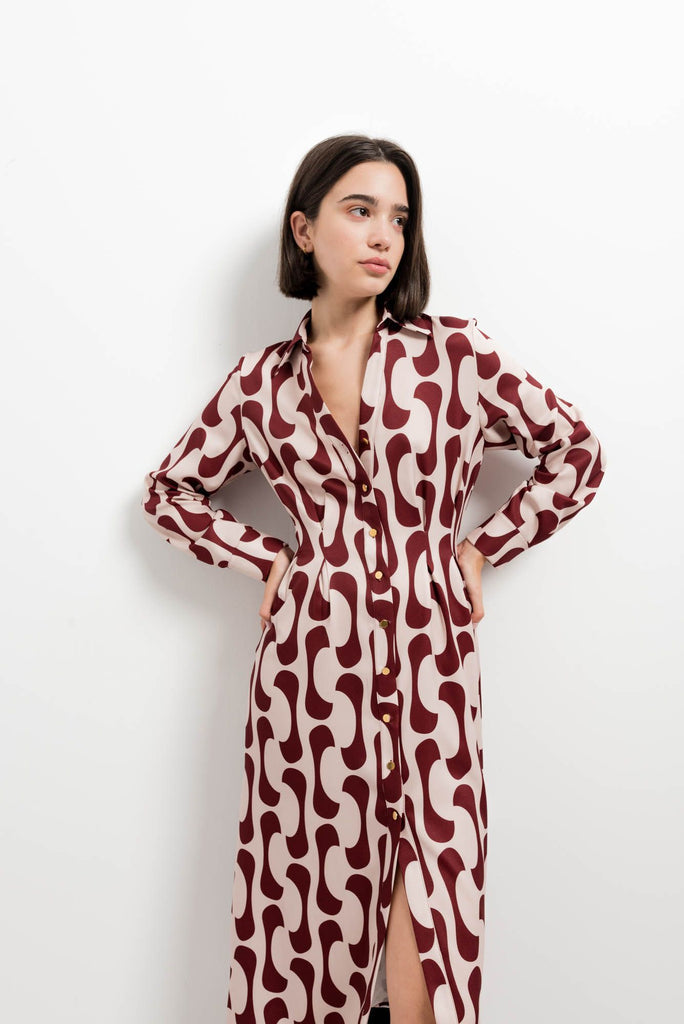 Vestido Camiseiro Estampado Bordeaux