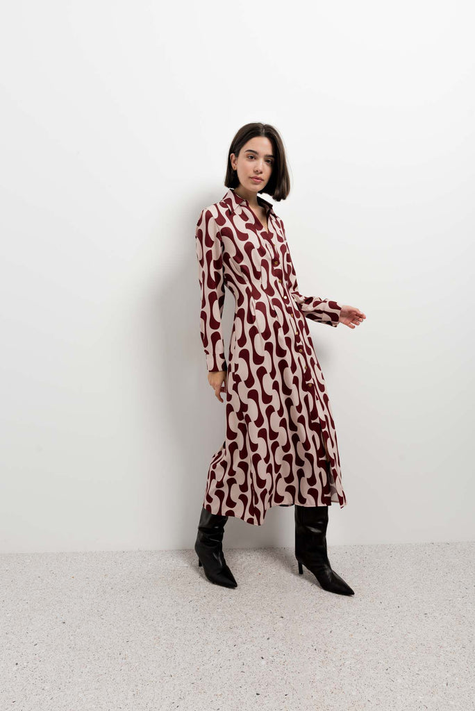 Vestido Camiseiro Estampado Bordeaux