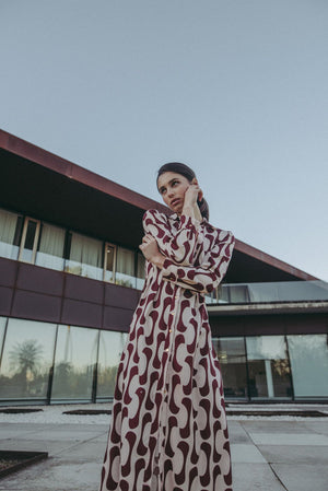Vestido Camiseiro Estampado Bordeaux