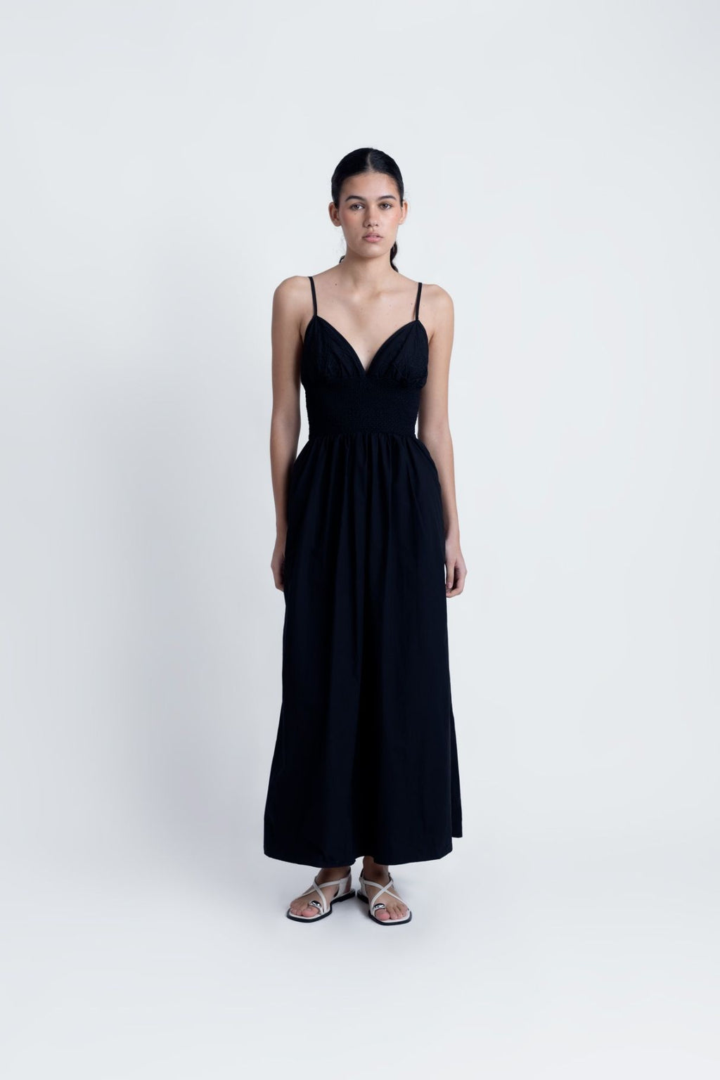 Vestido Midi Algodão Bordado Preto