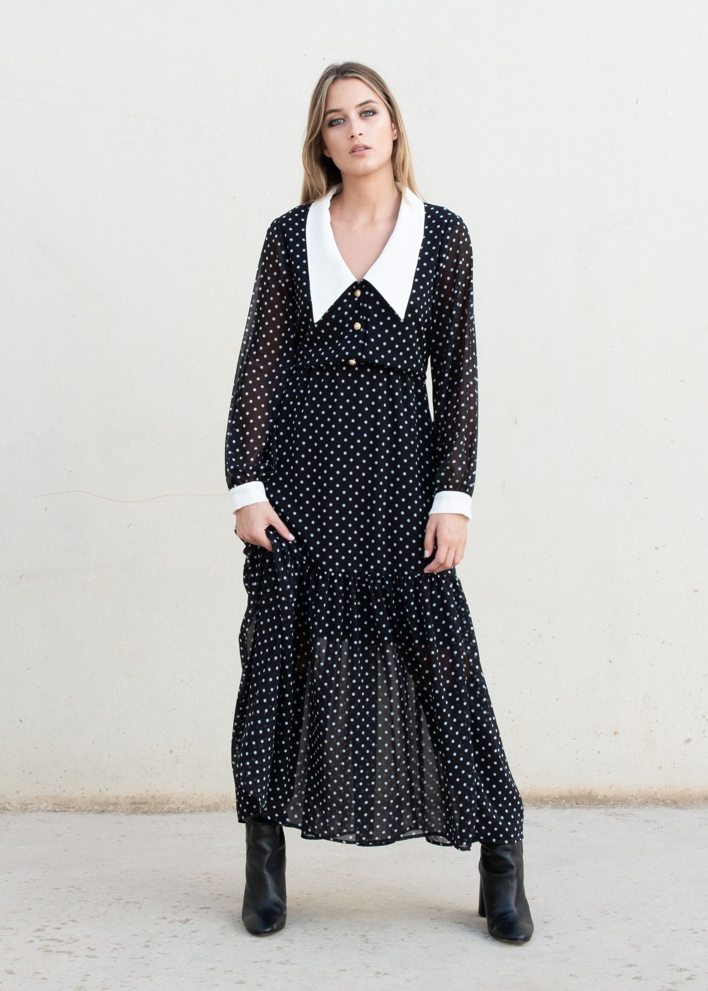 Vestido Longo Polka Dot Gola - Queen V