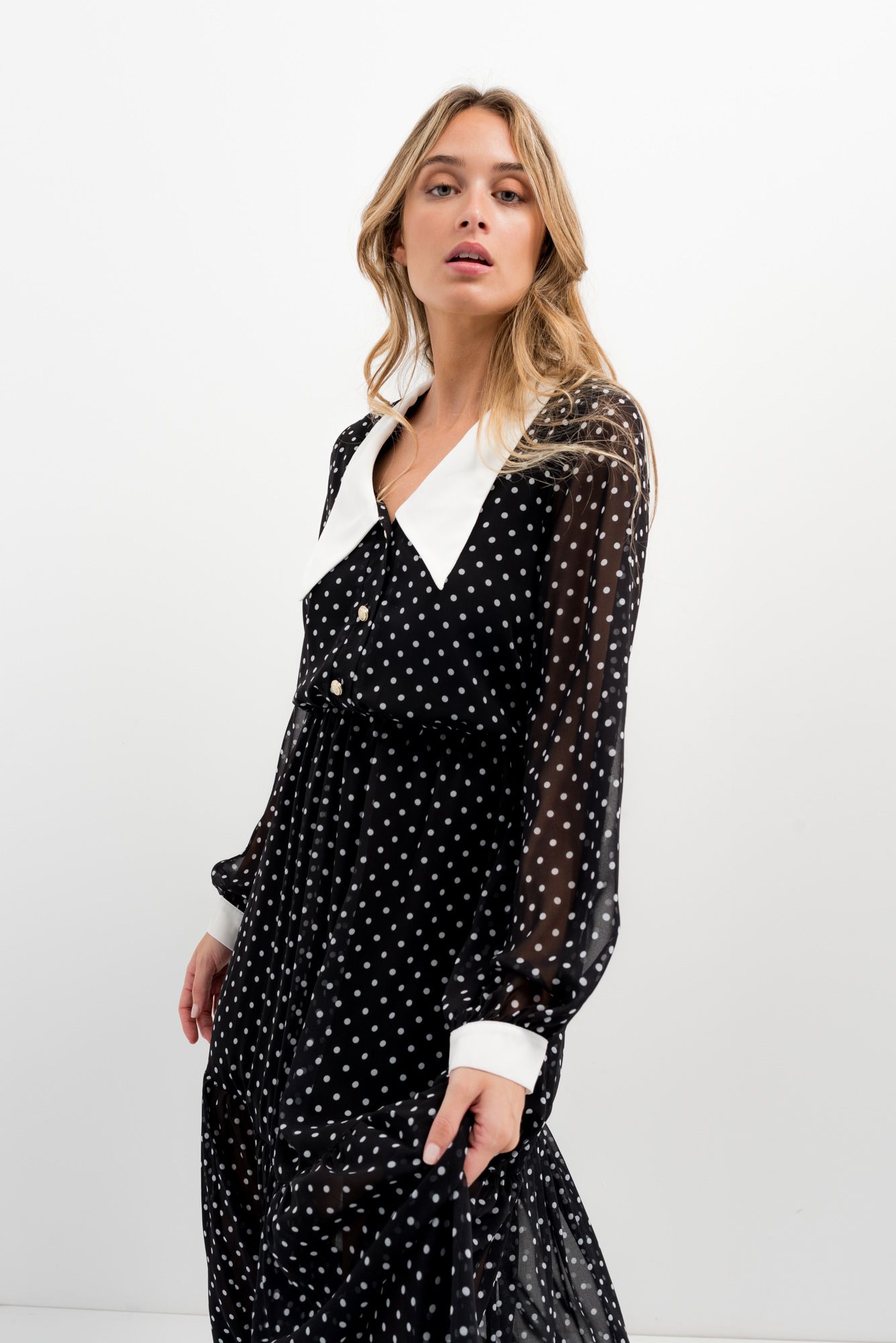 Vestido Longo Polka Dot Gola