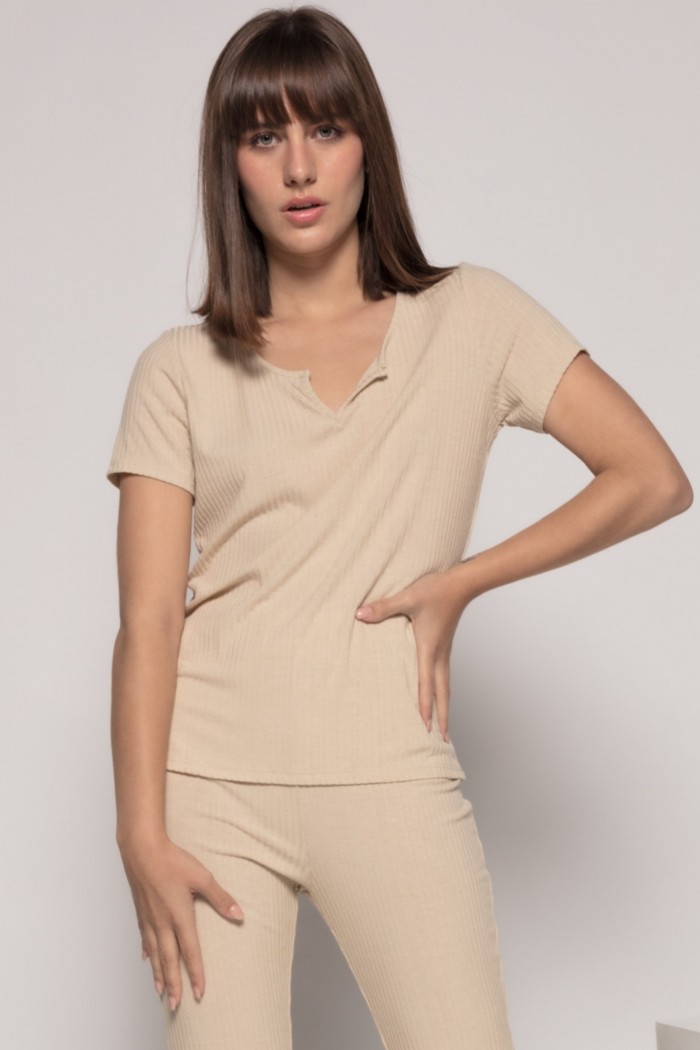 Conjunto Canelado Calças e Blusa Beige