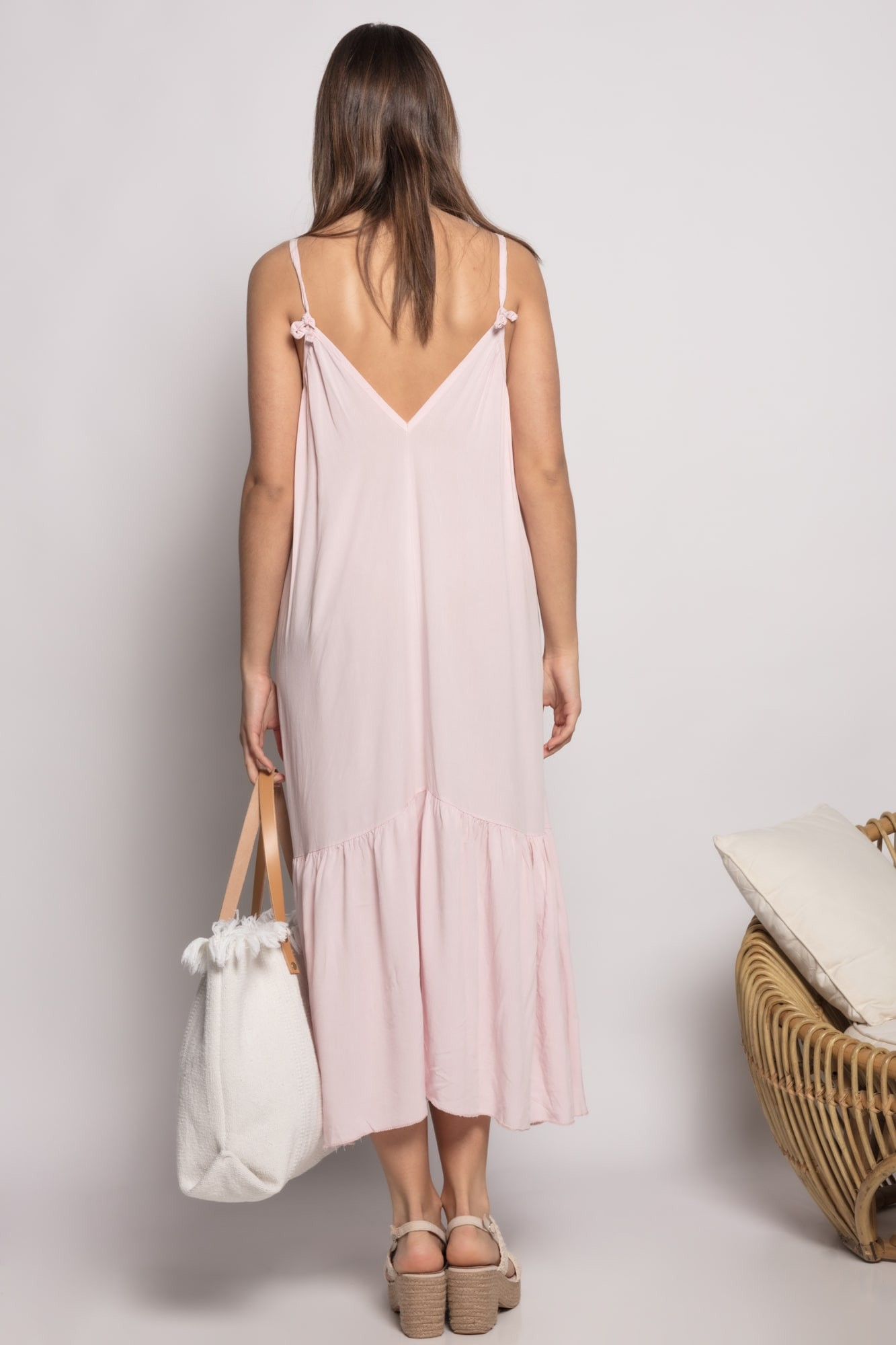 Vestido Comprido Fluido Folhos Rosa Queen V